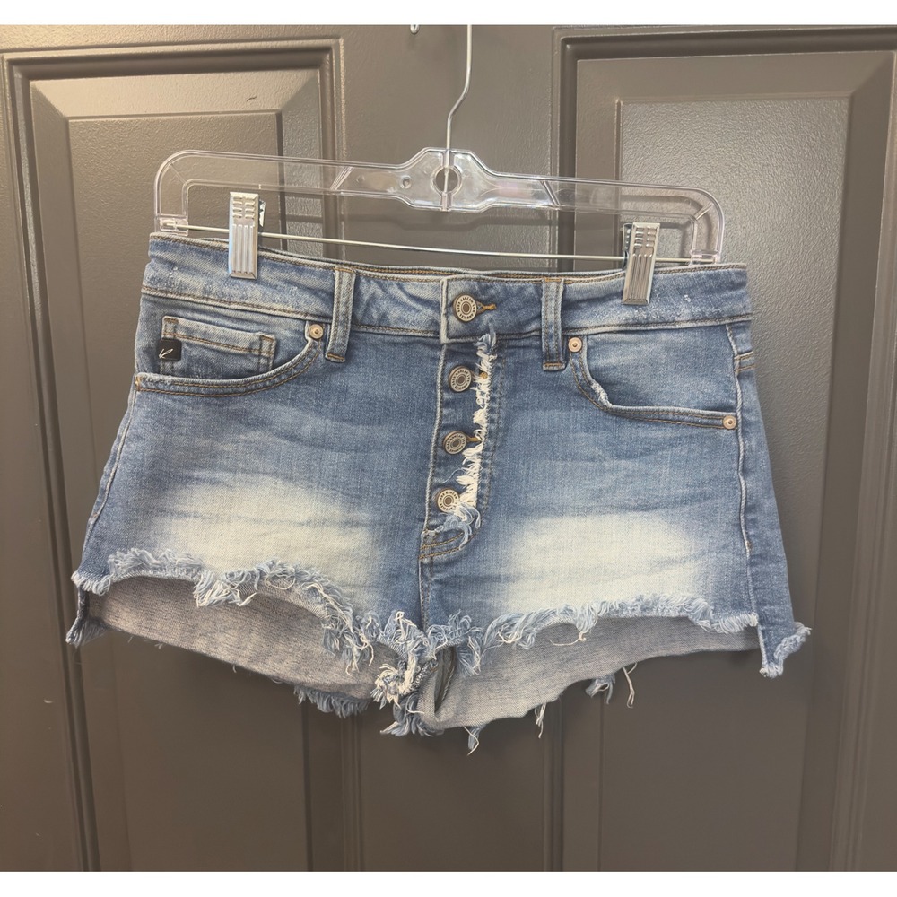 KanCan Womens Medium Wash Distressed Raw Hem Button Fly Denim Jean Shorts Large